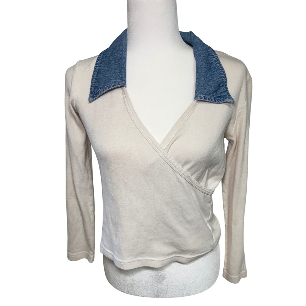 90s Jalate Limited Women's Wrap Top Denim Collar Long Sleeve Indie Sleeze VTG